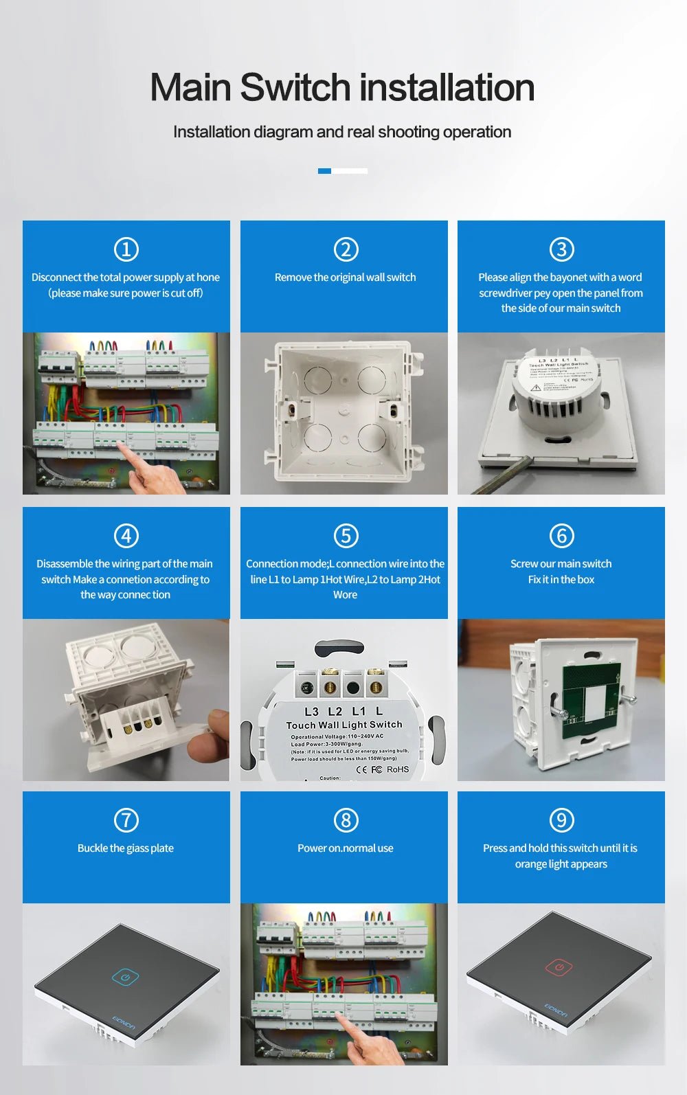 Wall Touch Switch 220V EU Standard Tempered Crystal Glass Panel Power 1/2/3 Gang Sensor Switches Waterproof 86 Interruptor