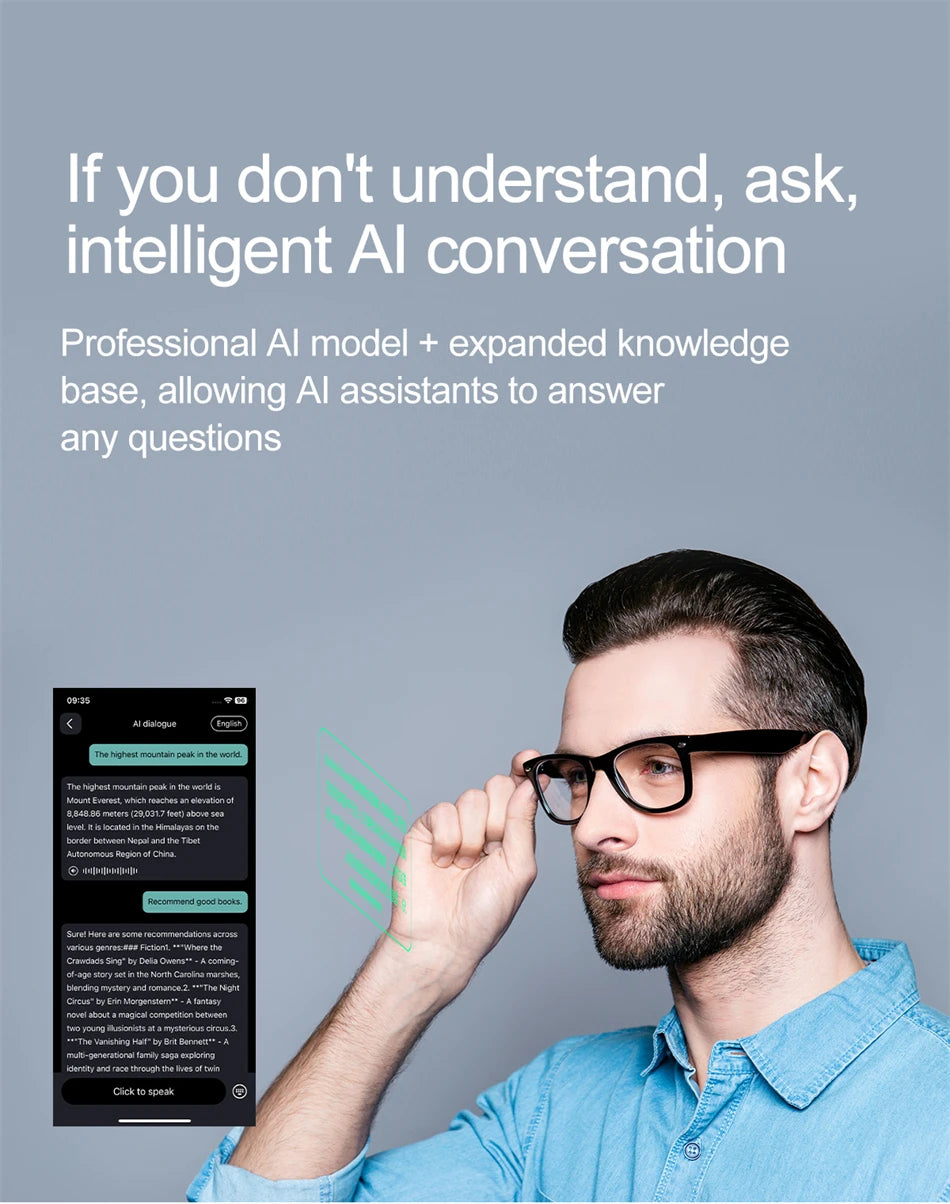 New AI Intelligent Translator Bluetooth Smart Glasses Men 163 Language AI Automatic Dialogue Translation Bluetooth Glasses Women