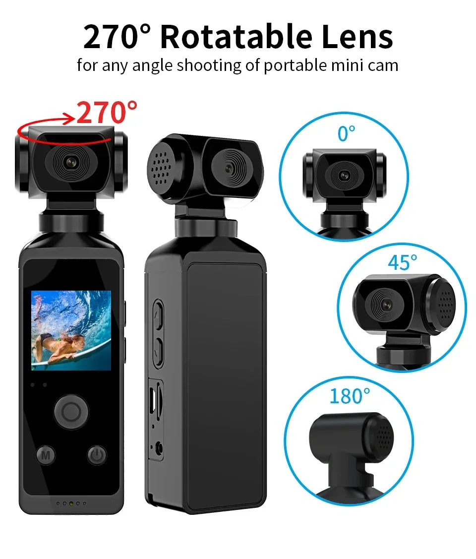Pocket 4K Ultra HD Action Camera 270° Rotatable Vlog Wifi Mini Sports Cam Waterproof Case Helmet Travel Bicycle Driver Recorder