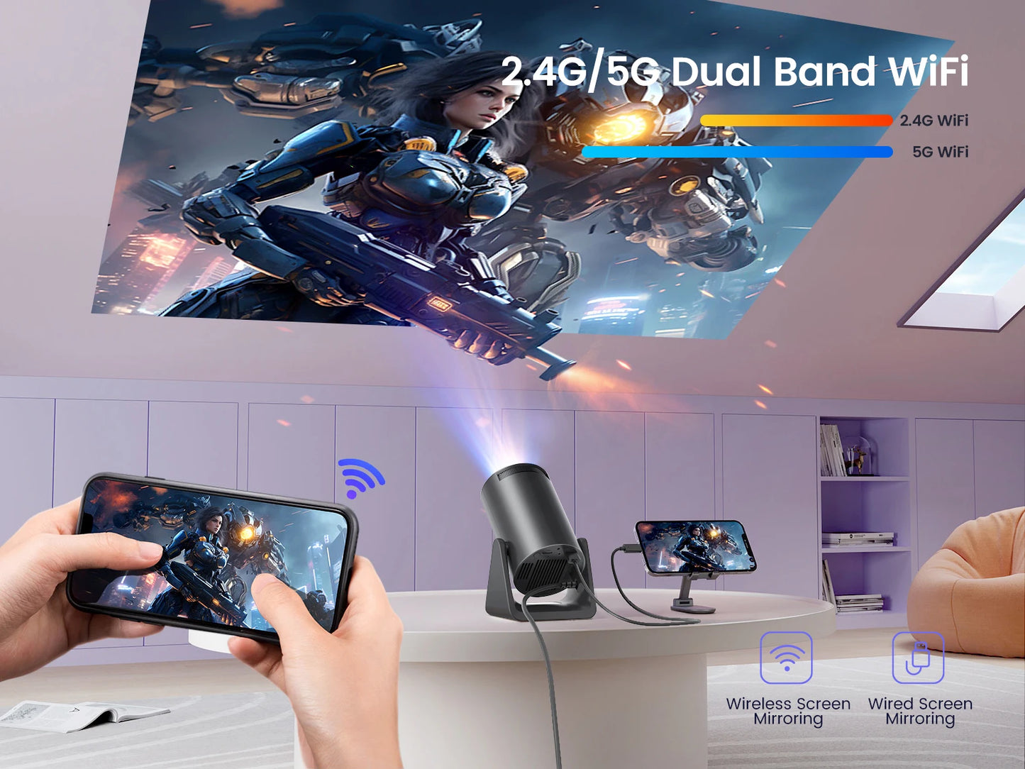 X77 Mini Projector 1080P Support 300 ANSI Android 11 Wifi Bluetooth Projector Auto Keystone Home Projector Portable