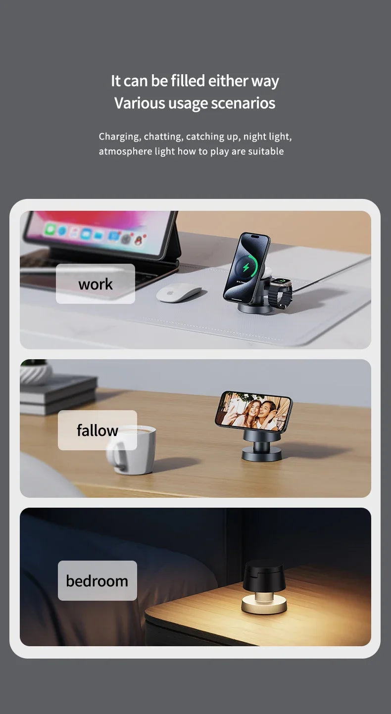 4 in 1 Magnetic Night Light Wireless Charger Stand For iPhone 16 15 14 13 12 Apple Watch 9 8 Airpods Pro Fast Charging Station