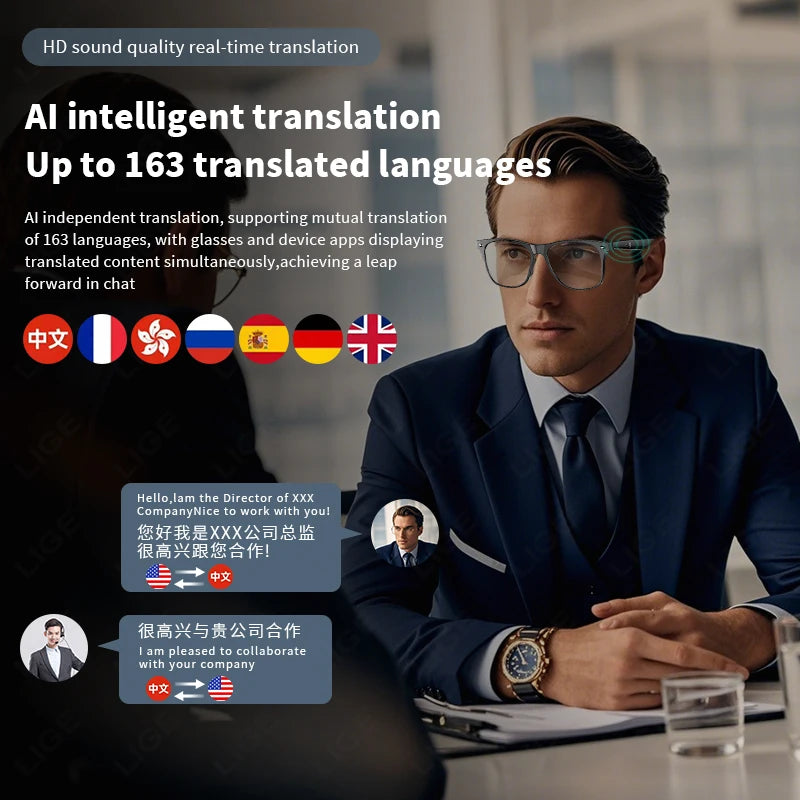 New AI Intelligent Translator Bluetooth Smart Glasses Men 163 Language AI Automatic Dialogue Translation Bluetooth Glasses Women