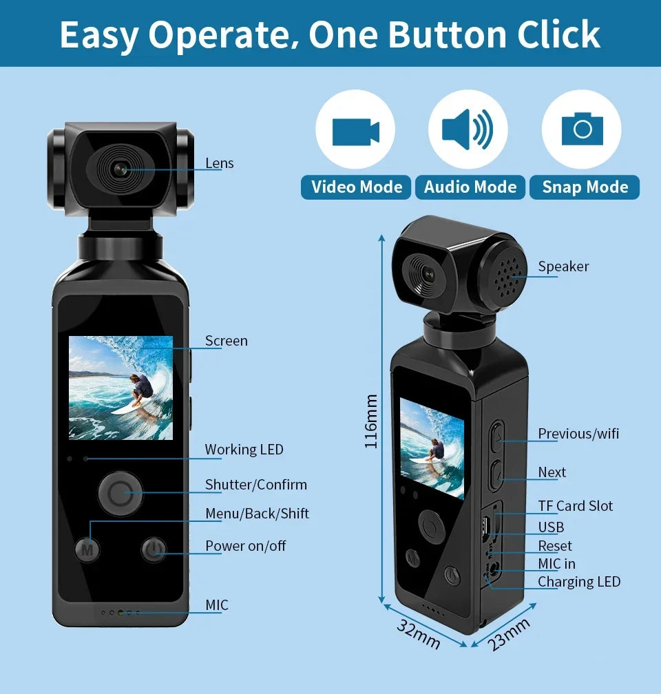 Pocket 4K Ultra HD Action Camera 270° Rotatable Vlog Wifi Mini Sports Cam Waterproof Case Helmet Travel Bicycle Driver Recorder