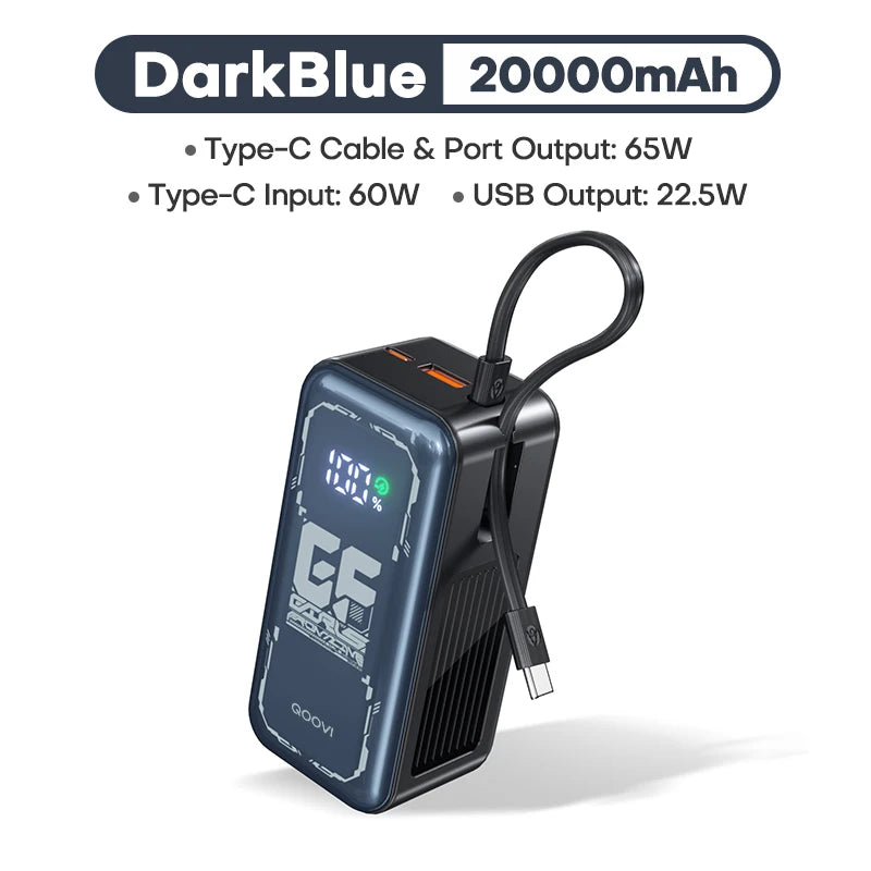 Power Bank 20000mah 65W Fast Charging Built-in Cable External Large Battery Portable Charger For iPhone Samsung Xiaomi