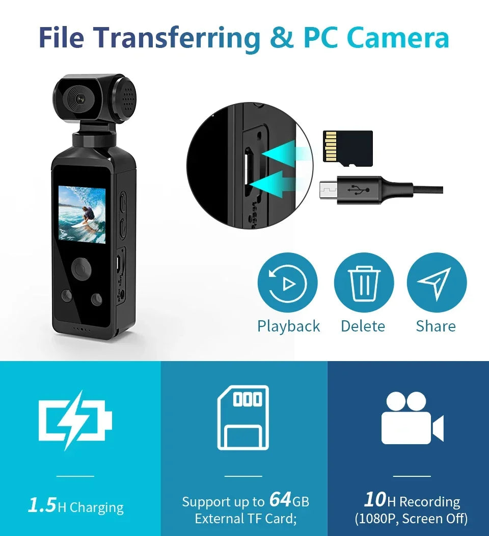Pocket 4K Ultra HD Action Camera 270° Rotatable Vlog Wifi Mini Sports Cam Waterproof Case Helmet Travel Bicycle Driver Recorder