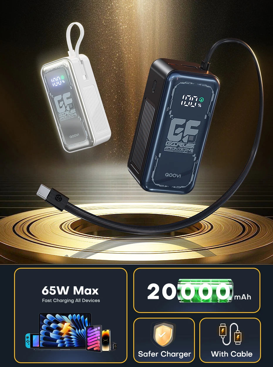 Power Bank 20000mah 65W Fast Charging Built-in Cable External Large Battery Portable Charger For iPhone Samsung Xiaomi