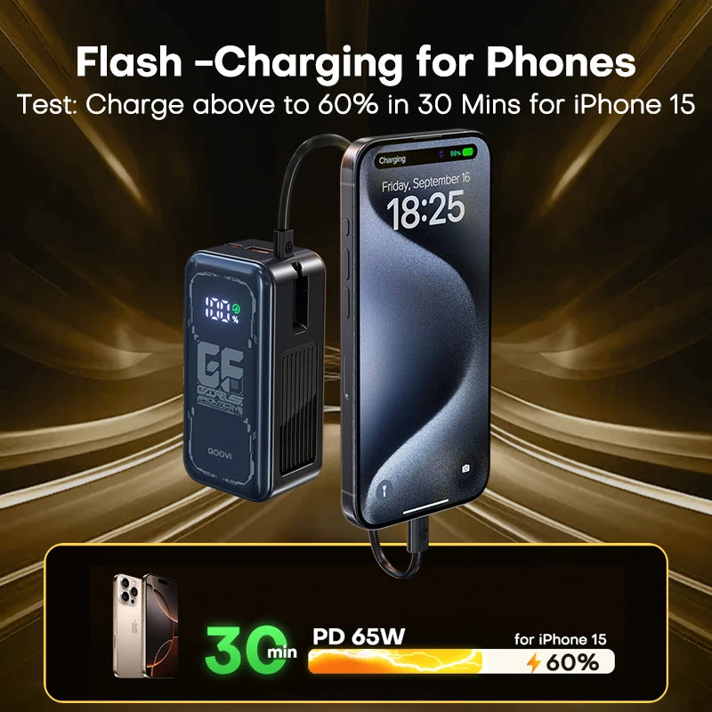 Power Bank 20000mah 65W Fast Charging Built-in Cable External Large Battery Portable Charger For iPhone Samsung Xiaomi
