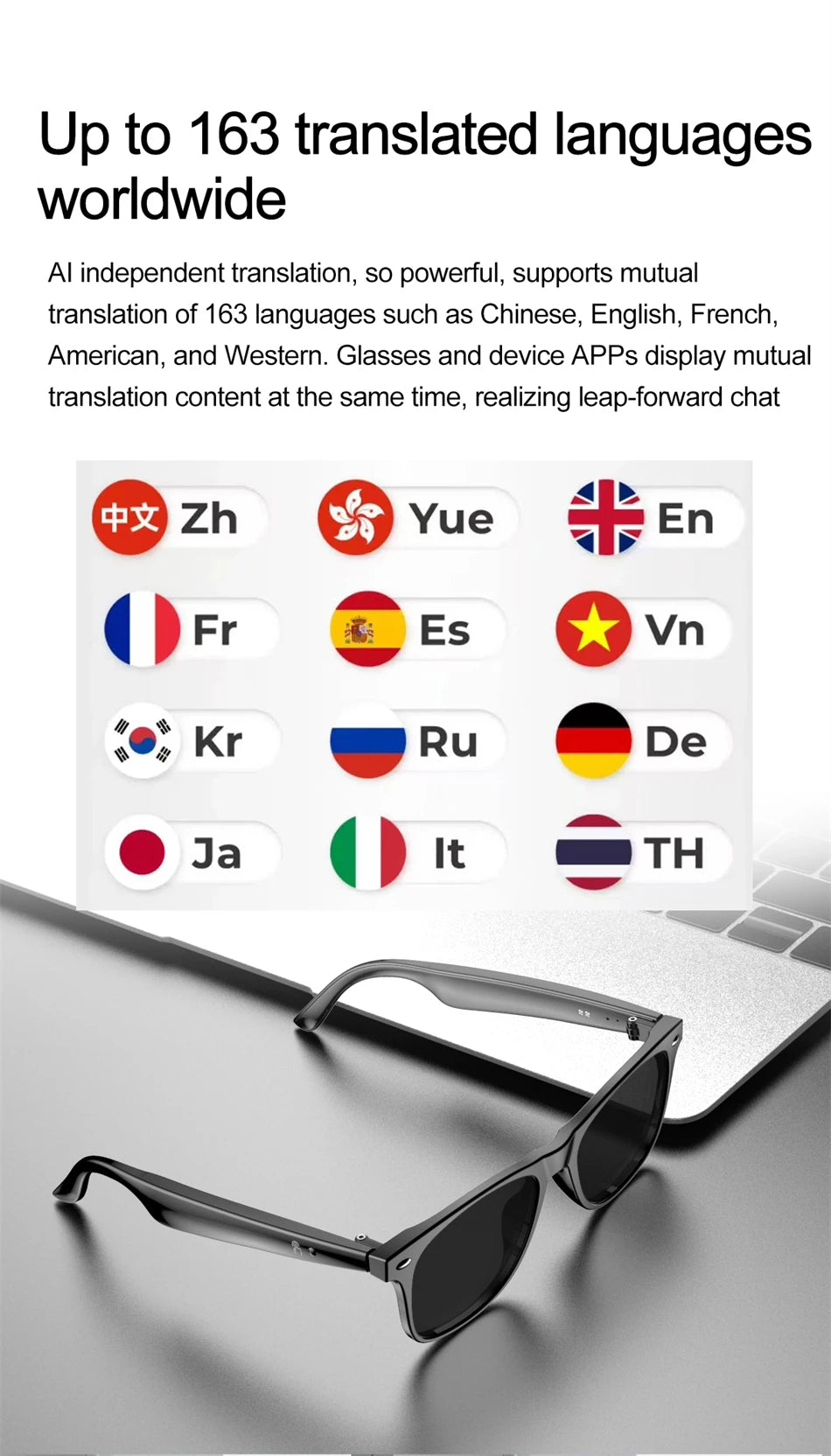New AI Intelligent Translator Bluetooth Smart Glasses Men 163 Language AI Automatic Dialogue Translation Bluetooth Glasses Women