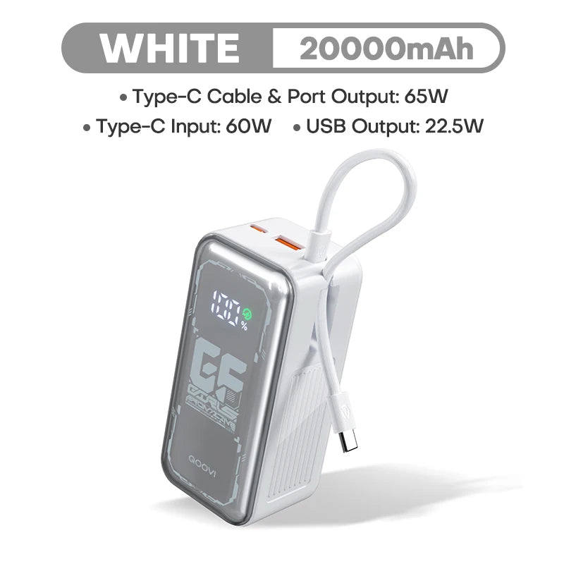 Power Bank 20000mah 65W Fast Charging Built-in Cable External Large Battery Portable Charger For iPhone Samsung Xiaomi