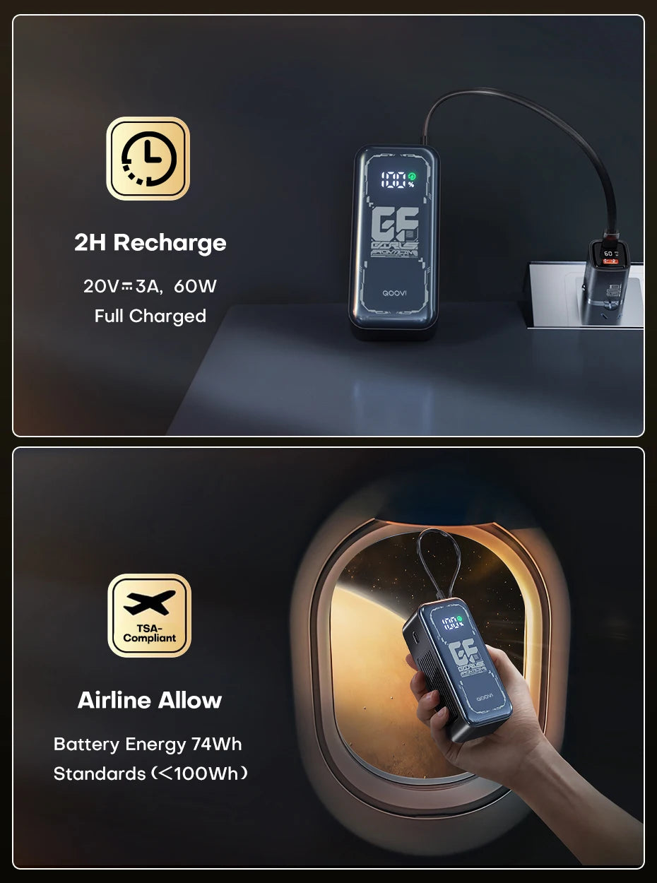 Power Bank 20000mah 65W Fast Charging Built-in Cable External Large Battery Portable Charger For iPhone Samsung Xiaomi