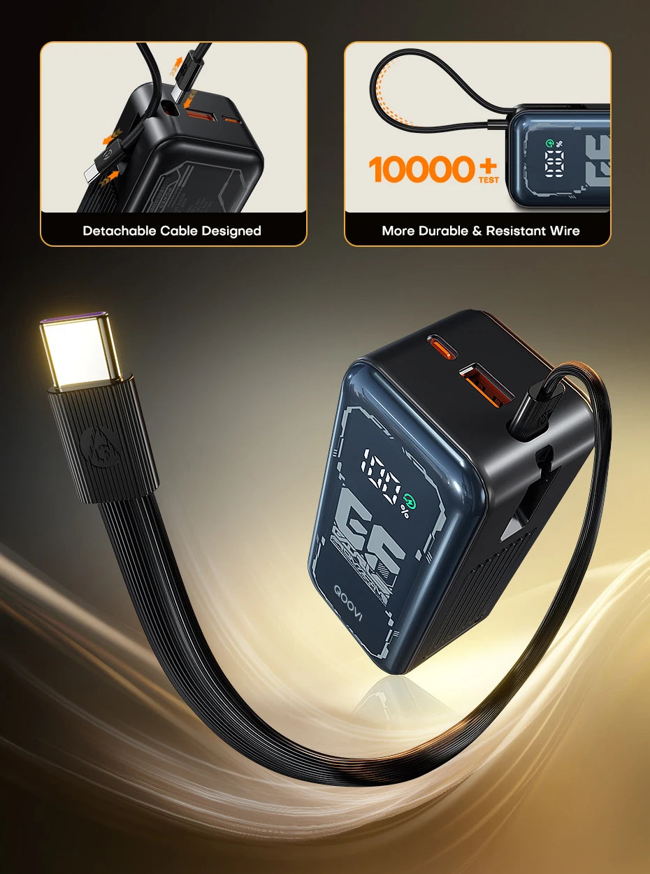Power Bank 20000mah 65W Fast Charging Built-in Cable External Large Battery Portable Charger For iPhone Samsung Xiaomi