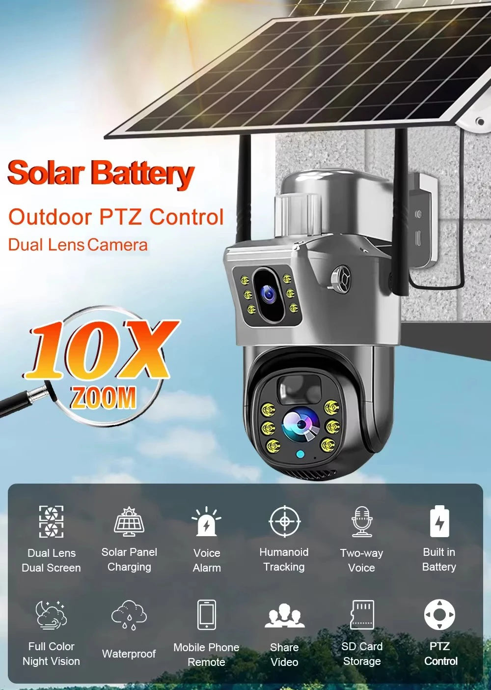 Solar Camera Outdoor 8MP 4K Dual Screen WIFI IP Monitor IP66 PIR Human Detection Security Video CCTV Surveillance Camera V380Pro