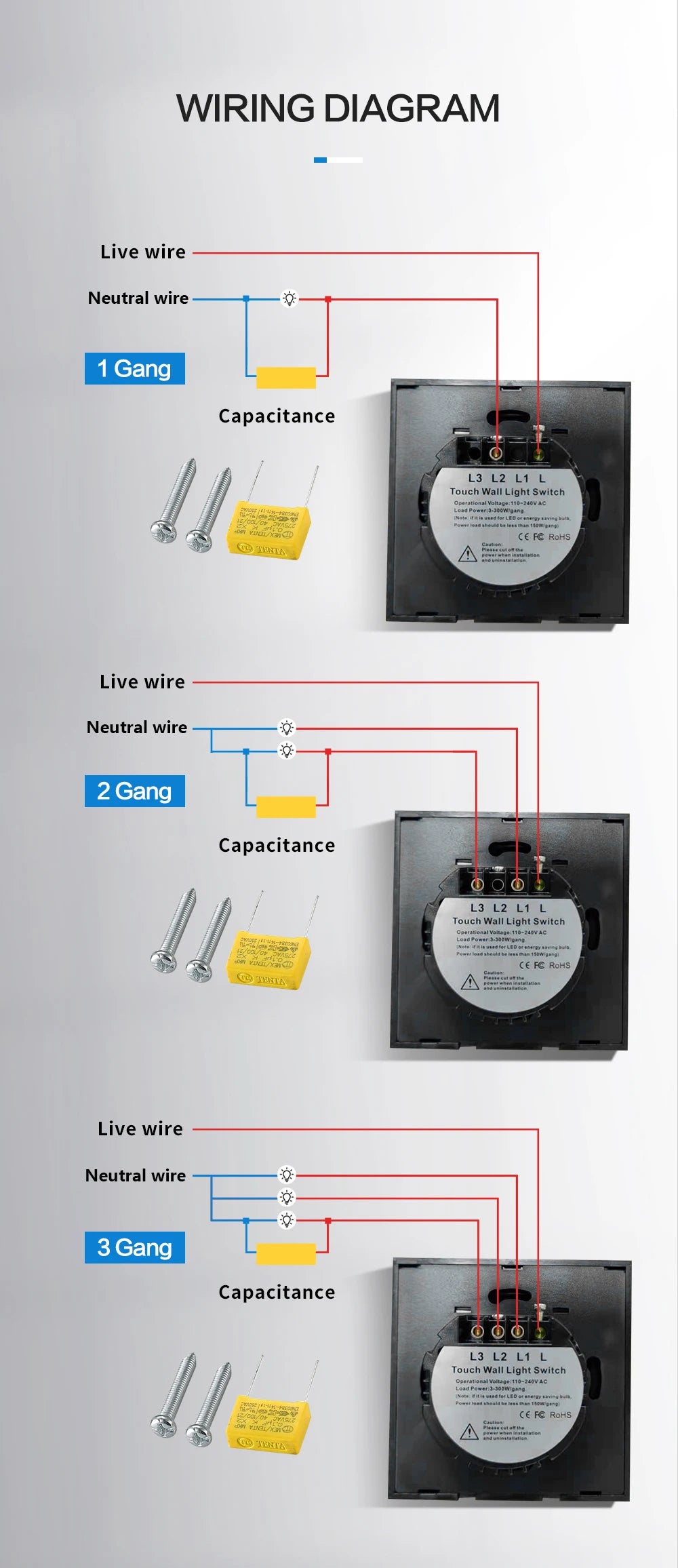 Wall Touch Switch 220V EU Standard Tempered Crystal Glass Panel Power 1/2/3 Gang Sensor Switches Waterproof 86 Interruptor