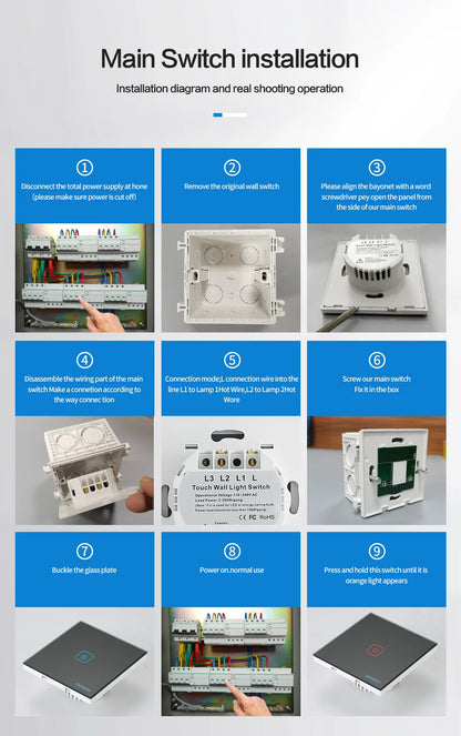 Wall Touch Switch 220V EU Standard Tempered Crystal Glass Panel Power 1/2/3 Gang Sensor Switches Waterproof 86 Interruptor
