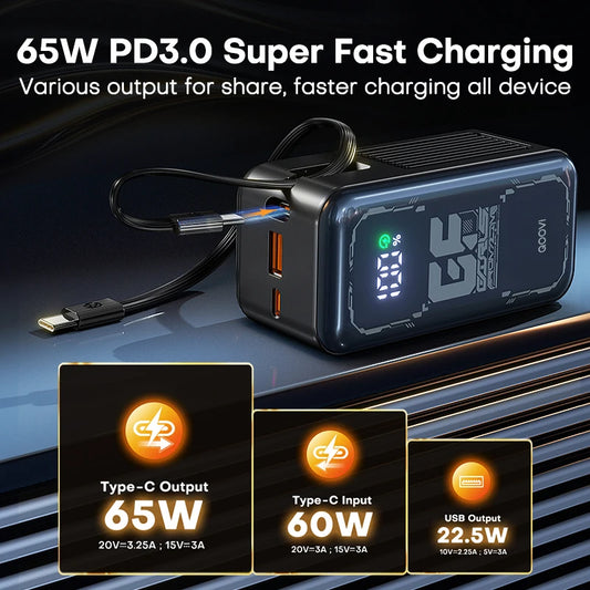 Power Bank 20000mah 65W Fast Charging Built-in Cable External Large Battery Portable Charger For iPhone Samsung Xiaomi