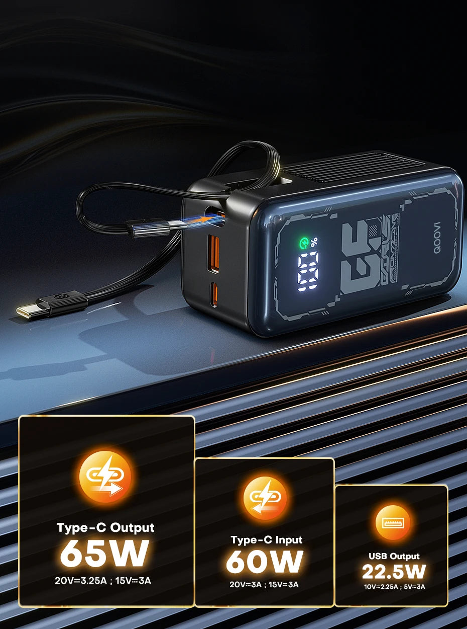 Power Bank 20000mah 65W Fast Charging Built-in Cable External Large Battery Portable Charger For iPhone Samsung Xiaomi