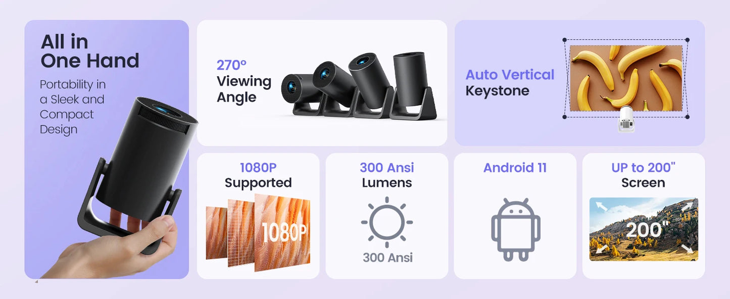 X77 Mini Projector 1080P Support 300 ANSI Android 11 Wifi Bluetooth Projector Auto Keystone Home Projector Portable