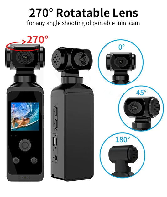Pocket 4K Ultra HD Action Camera 270° Rotatable Vlog Wifi Mini Sports Cam Waterproof Case Helmet Travel Bicycle Driver Recorder