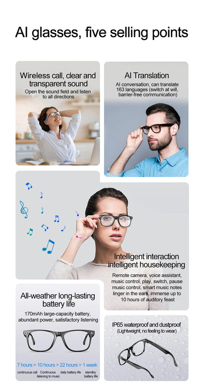 New AI Intelligent Translator Bluetooth Smart Glasses Men 163 Language AI Automatic Dialogue Translation Bluetooth Glasses Women