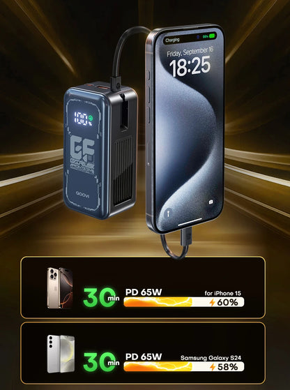Power Bank 20000mah 65W Fast Charging Built-in Cable External Large Battery Portable Charger For iPhone Samsung Xiaomi