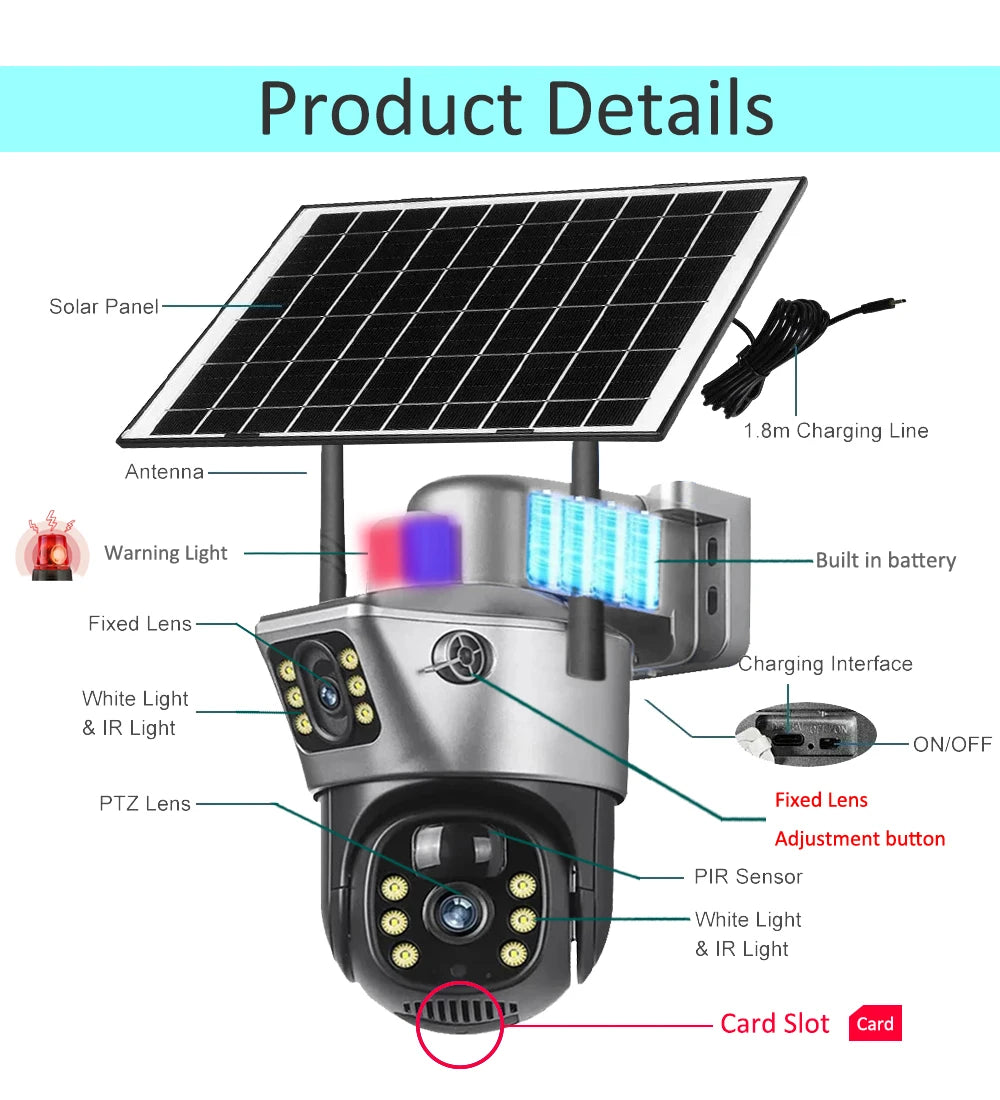 Solar Camera Outdoor 8MP 4K Dual Screen WIFI IP Monitor IP66 PIR Human Detection Security Video CCTV Surveillance Camera V380Pro