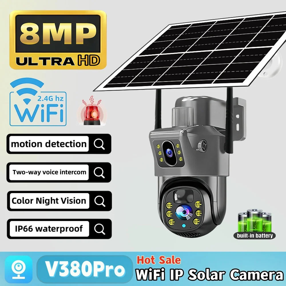 Solar Camera Outdoor 8MP 4K Dual Screen WIFI IP Monitor IP66 PIR Human Detection Security Video CCTV Surveillance Camera V380Pro