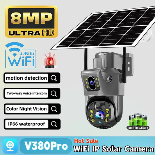 Solar Camera Outdoor 8MP 4K Dual Screen WIFI IP Monitor IP66 PIR Human Detection Security Video CCTV Surveillance Camera V380Pro