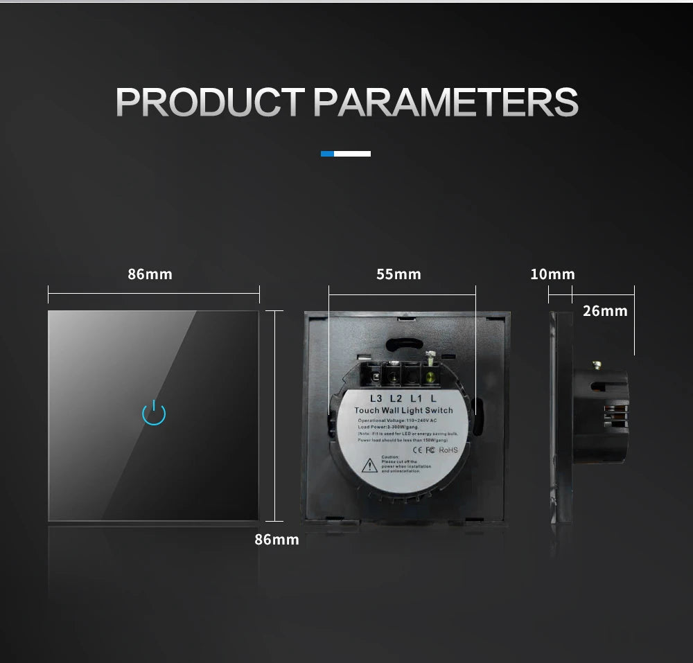 Wall Touch Switch 220V EU Standard Tempered Crystal Glass Panel Power 1/2/3 Gang Sensor Switches Waterproof 86 Interruptor